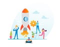 Startup Business Project Innovation Concept. Business Characters Launching Rocket. Modern Technology Teamwork Management