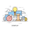 Startup, business project launch, new ideas. Flat line art style Royalty Free Stock Photo