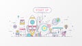 Startup company. Fast-growing business infographic. Horizontal composition template contains Rocket icons, Business planning.