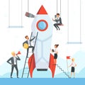 Startup concept. Business characters launch new project shuttle rocket symbols success startup freedom dream ship vector Royalty Free Stock Photo