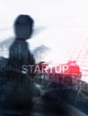 Startup concept with double exposure diagrams blurred background. Abstract Cover Design Vertical Format Royalty Free Stock Photo
