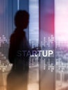 Startup concept with double exposure diagrams blurred background. Abstract Cover Design Vertical Format