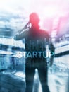 Startup concept with double exposure diagrams blurred background. Abstract Cover Design Vertical Format Royalty Free Stock Photo