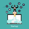 Startup concept, flat businessman style quick rocket launch and computer or desktop pc