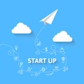 Startup concept with paper plane and related icons along the trail
