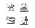 Startup concept, Quick tips and Typewriter icons. Stats sign. Launch project, Helpful tricks, Inspiration. Vector