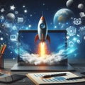 Startup concept with rocket coming out of laptop screen. Royalty Free Stock Photo