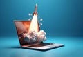 Startup concept with rocket flying out of computer laptop screen Royalty Free Stock Photo