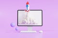 Startup concept with rocket flying out of computer laptop screen on purple background. front view, illustration Royalty Free Stock Photo