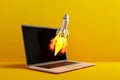Rocket flying out of laptop screen on yellow background. Startup concept.Generative AI Royalty Free Stock Photo