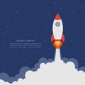 Startup concept with rocket launch. Business banner with spaceship. Development and advanced project. Vector. Royalty Free Stock Photo