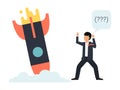 Startup failure vector illustration. Business rockets crash down. Unhappy man and not working creative project