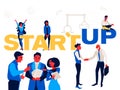 Startup - flat design style colorful illustration on white background. Working together in a team. Royalty Free Stock Photo