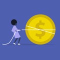 Startup funding: black female character pulling a giant dollar coin, tug of war business, attracting investments