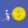 Startup funding, young indian character pulling a giant dollar coin, tug of war business, attracting investments