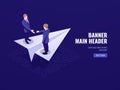 Startup icon, concept of business deal and successful strategy plan, two businessmen stay on paper aircraft isometric