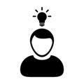 Startup icon vector male person profile avatar symbol with bulb for creative idea for business development in Glyph Pictogram Royalty Free Stock Photo