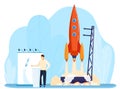 Startup idea launch rocket vector illustration, cartoon flat businessman launching rocket spaceship, starting new
