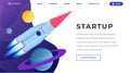 Startup ideas isometric landing page template. 3d spaceship, rocket flying in outer space, leaving solar system