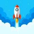 Startup illustration. Rocket in the clouds. Flat design style.