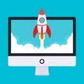 Startup illustration. Rocket takes off from the