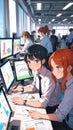 Startup Innovation Scene with Anime Developers Collaborating on Mobile Application