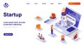 Startup isometric landing page. Launching new business project isometry concept. Development strategy, investments, marketing 3d Royalty Free Stock Photo