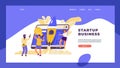 Startup landing page. Business marketing template with cartoon characters, technology and innovation concept. Vector
