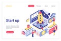 Startup landing page isometric vector template. Marketing team working, new company launching, starting web banner 3d Royalty Free Stock Photo