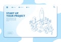 Startup landing page. Successful project launch. Isometric rocket, people at dashboard. Corporate ico business vector