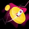 Startup Launch Colorful Illustration. Coins, Graph and Rocket Details