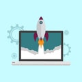 Startup launch flat icon concept with rocket flight and laptop screen Royalty Free Stock Photo