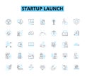 startup launch linear icons set. Momentum, Buzz, Launchpad, Catalyst, Ignition, Unveil, Debut line vector and concept