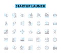 startup launch linear icons set. Momentum, Buzz, Launchpad, Catalyst, Ignition, Unveil, Debut line vector and concept