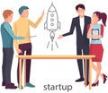 Teamwork with project creation, startup planning. Colleagues work with strategy, start up launch