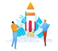 Startup launching process infographic technology character male prepared launch company rocket isolated on white, flat