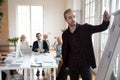 Startup leader presenting charts to his team in meeting room