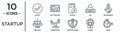 startup linear icon set. includes thin line accept, budget, partnership, comparison, leader, quick, balance icons for report,