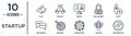 startup linear icon set. includes thin line clap, web de, fight, mission, choose, exploration, discussion icons for report,