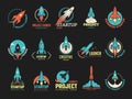 Startup logo. Business launch perfect idea spaceship rocket shuttle startup symbols vector colored badges