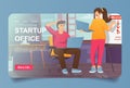 Startup office concept in cartoon design for landing page. Business team launch new project and develop marketing strategy and Royalty Free Stock Photo