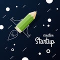 Startup. Pencil rocket on a drawing an abstract background.