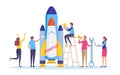 Startup the project. Boost your business concept. Business people`s launch the rocket. Flat cartoon illustration vector Royalty Free Stock Photo