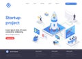 Startup project isometric landing page. Team of startup founders launching new project isometry web page. Innovation Royalty Free Stock Photo
