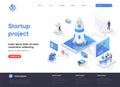 Startup project isometric landing page. Team of startup founders launching new project isometry web page. Innovation solution Royalty Free Stock Photo