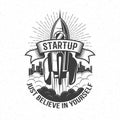 Startup retro logo - rocket launch in the sky