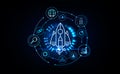 Startup rocket hologram with network icons chain