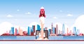 Startup rocket innovation over city skyscraper panorama view cityscape background skyline flat horizontal banner Royalty Free Stock Photo