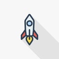 Startup, rocket launch thin line flat color icon. Linear vector symbol. Colorful long shadow design.