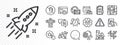 Startup rocket, Reject checklist and 5g internet line icons for web app. Pictogram icon. Glare of light icons. Vector